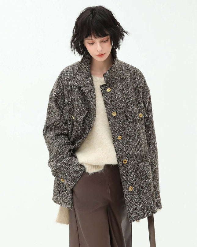 Luxurious Mocha Wool Coat – Sequin - Knit Elegant Outerwear - Coats - Cocobella