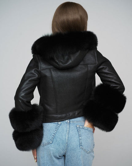 Luxury Black Leather Jacket with Fox Fur Collar - Merino Leather - Leather Jackets - Buy Me Fur Ltd