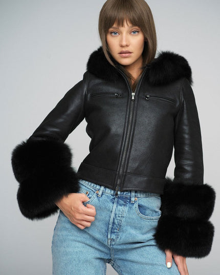 Luxury Black Leather Jacket with Fox Fur Collar - Merino Leather - Leather Jackets - Buy Me Fur Ltd