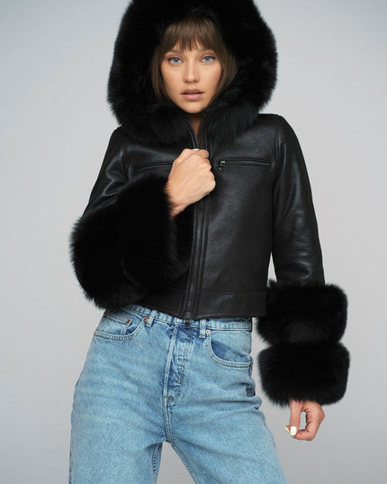 Luxury Black Leather Jacket with Fox Fur Collar - Merino Leather - Leather Jackets - Buy Me Fur Ltd