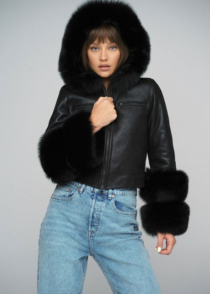Luxury Black Leather Jacket with Fox Fur Collar - Merino Leather - Leather Jackets - Buy Me Fur Ltd