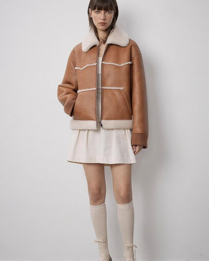"Makino's Fun" Lapel Wool Artificial Compound Leather Short Style Shearling Jacket - Shearling Coat - Firelady Fur