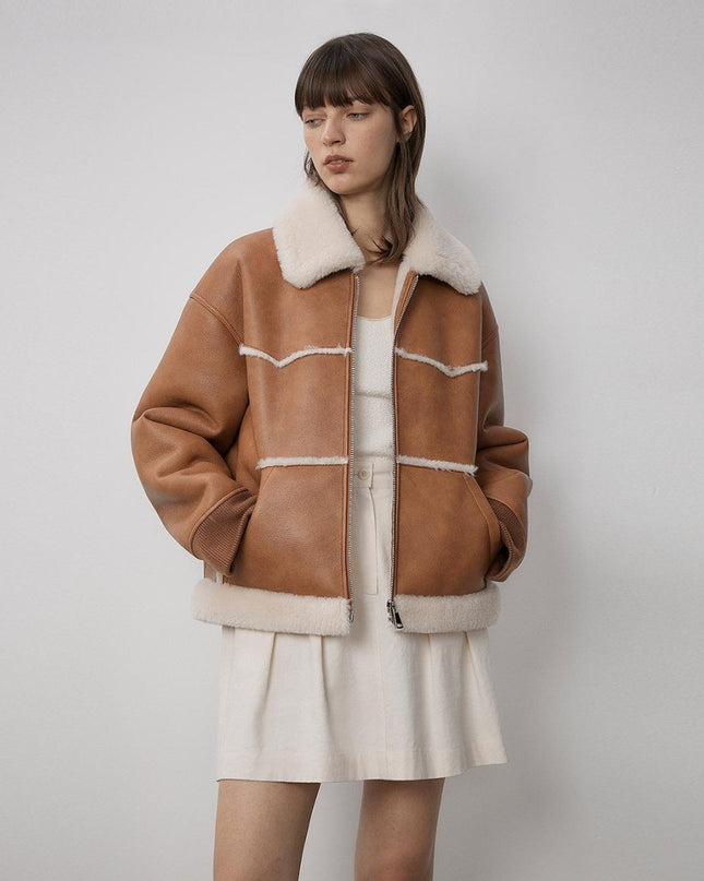 "Makino's Fun" Lapel Wool Artificial Compound Leather Short Style Shearling Jacket - Shearling Coat - Firelady Fur
