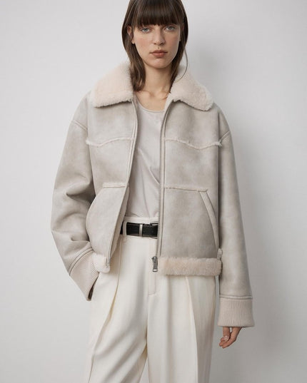 "Makino's Fun" Lapel Wool Artificial Compound Leather Short Style Shearling Jacket - Shearling Coat - Firelady Fur