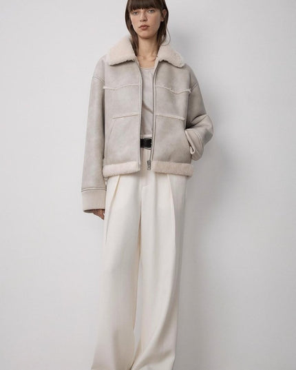 "Makino's Fun" Lapel Wool Artificial Compound Leather Short Style Shearling Jacket - Shearling Coat - Firelady Fur