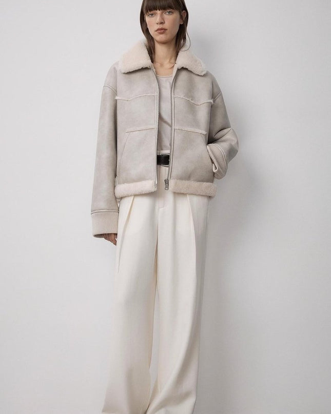 "Makino's Fun" Lapel Wool Artificial Compound Leather Short Style Shearling Jacket - Shearling Coat - Firelady Fur