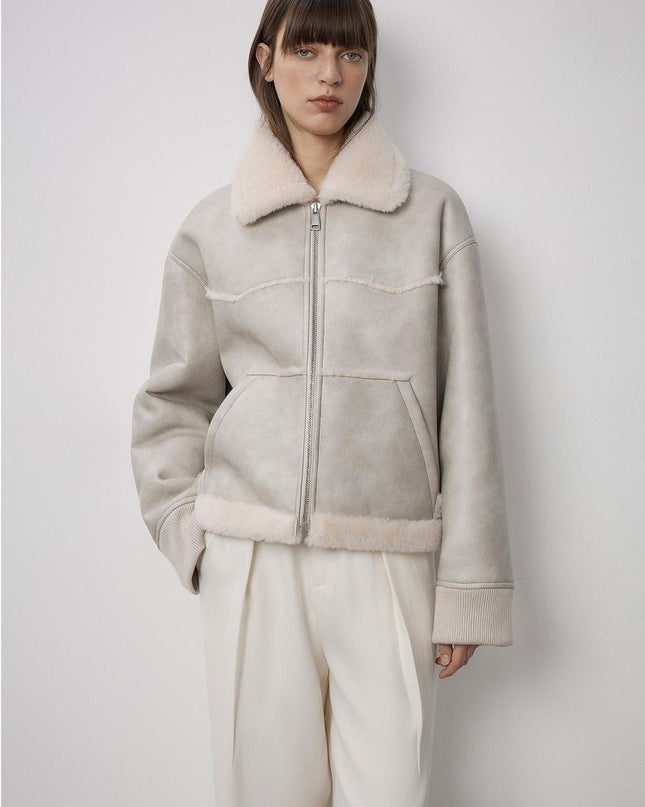 "Makino's Fun" Lapel Wool Artificial Compound Leather Short Style Shearling Jacket - Shearling Coat - Firelady Fur