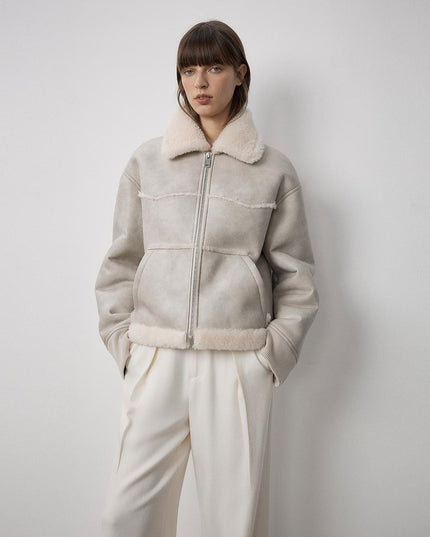 "Makino's Fun" Lapel Wool Artificial Compound Leather Short Style Shearling Jacket - Shearling Coat - Firelady Fur