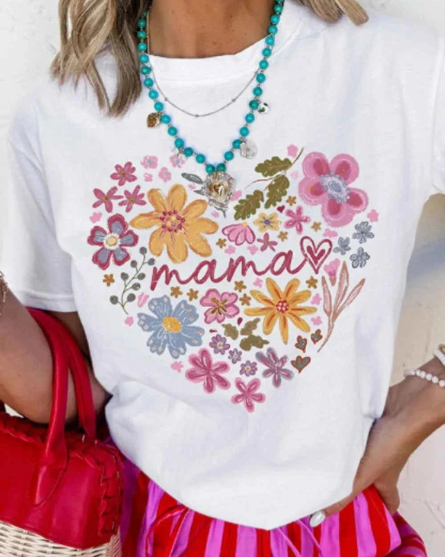 MAMA Flower Heart Cotton Blend Graphic Tee - Trendsi