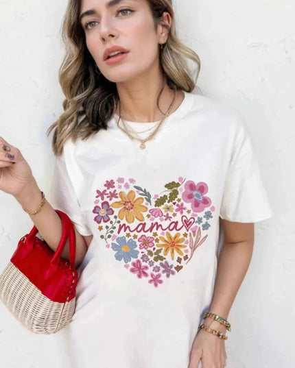 MAMA Flower Heart Cotton Blend Graphic Tee - Trendsi