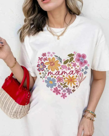 MAMA Flower Heart Cotton Blend Graphic Tee - Trendsi