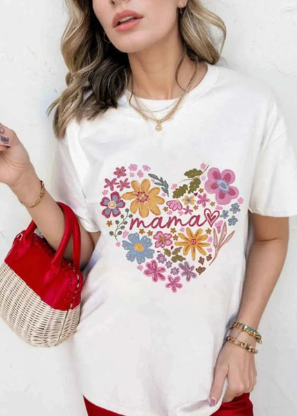 MAMA Flower Heart Cotton Blend Graphic Tee - Trendsi