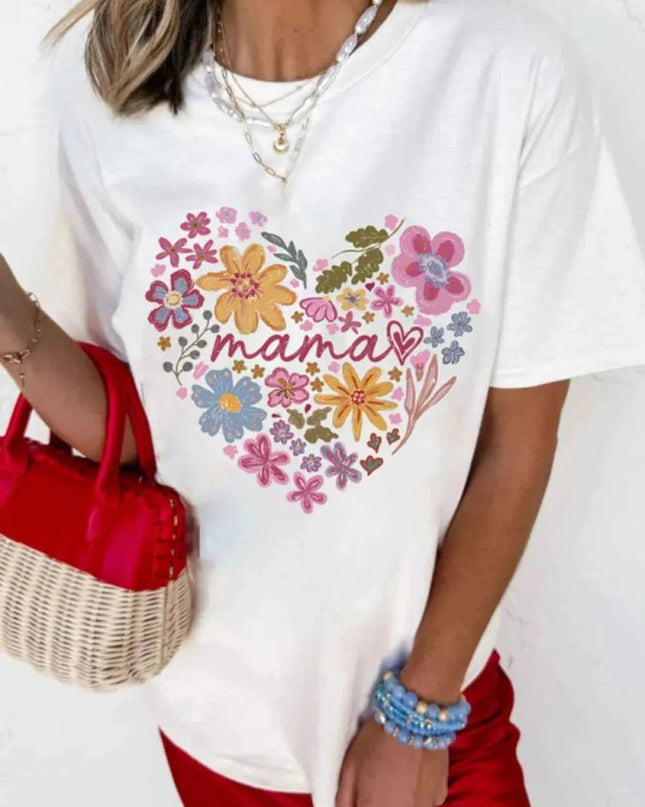 MAMA Flower Heart Cotton Blend Graphic Tee - Trendsi