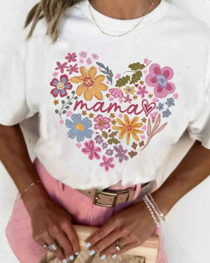 MAMA Flower Heart Cotton Blend Graphic Tee - Trendsi