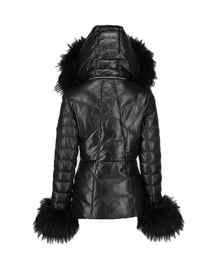 Mardi Gras Womens Fur Hooded Leather Jacket - Womens Leather Jacket - Inland Leather