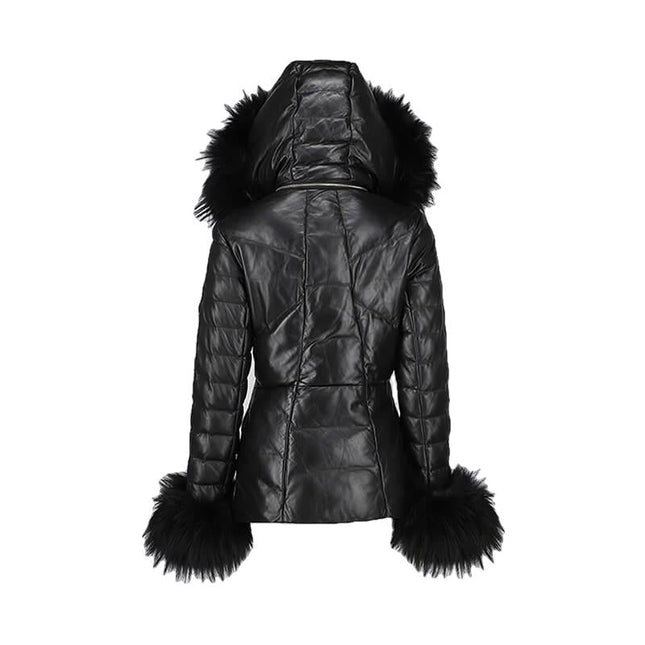 Mardi Gras Womens Fur Hooded Leather Jacket - Womens Leather Jacket - Inland Leather