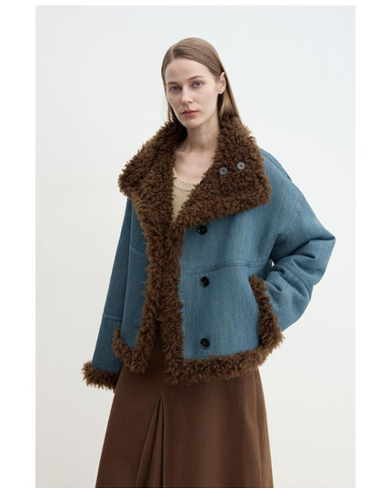 “Mint Glacier” Reversible Shearling Denim Wool Jacket – Flip Collar - Shearling Coat - Firelady Fur