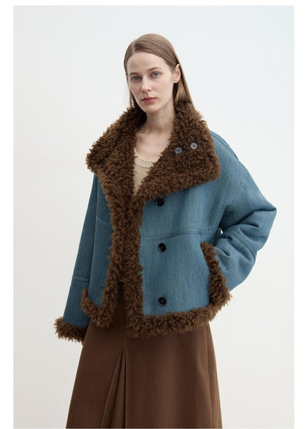 “Mint Glacier” Reversible Shearling Denim Wool Jacket – Flip Collar - Shearling Coat - Firelady Fur