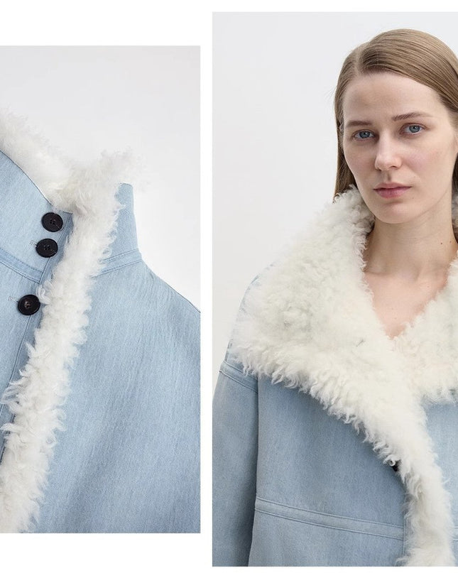 “Mint Glacier” Reversible Shearling Denim Wool Jacket – Flip Collar - Shearling Coat - Firelady Fur