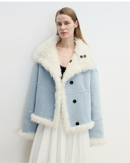 “Mint Glacier” Reversible Shearling Denim Wool Jacket – Flip Collar - Shearling Coat - Firelady Fur