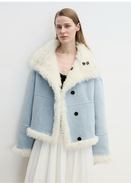 “Mint Glacier” Reversible Shearling Denim Wool Jacket – Flip Collar - Shearling Coat - Firelady Fur