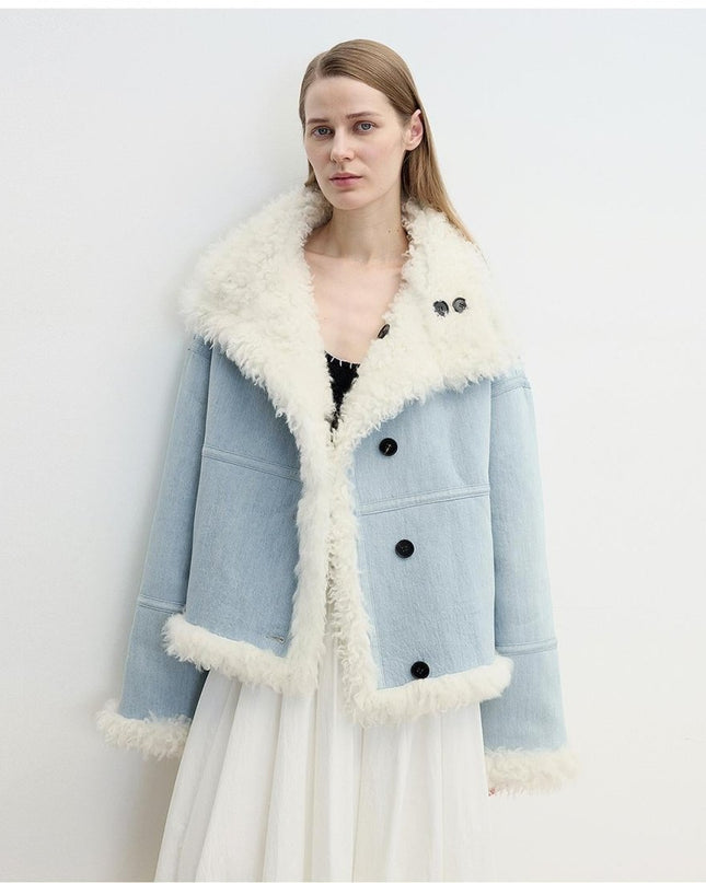 “Mint Glacier” Reversible Shearling Denim Wool Jacket – Flip Collar - Shearling Coat - Firelady Fur