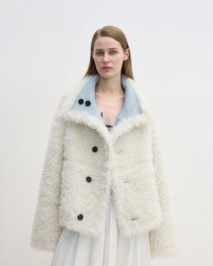 “Mint Glacier” Reversible Shearling Denim Wool Jacket – Flip Collar - Shearling Coat - Firelady Fur