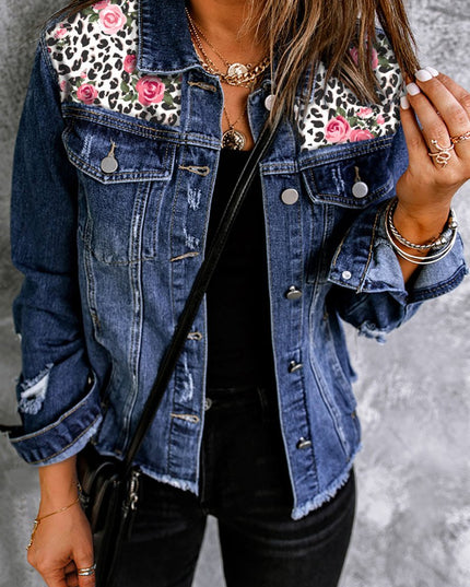 Mixed Print Distressed Button Front Denim Jacket - Trendsi