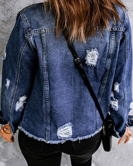 Mixed Print Distressed Button Front Denim Jacket - Trendsi