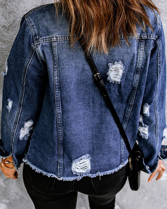 Mixed Print Distressed Button Front Denim Jacket - Trendsi