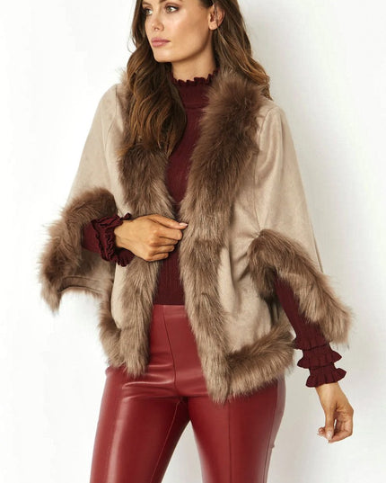 Mocha Faux Fur Suede Cape Jacket - Jackets & Blazers - Buy Me Fur Ltd