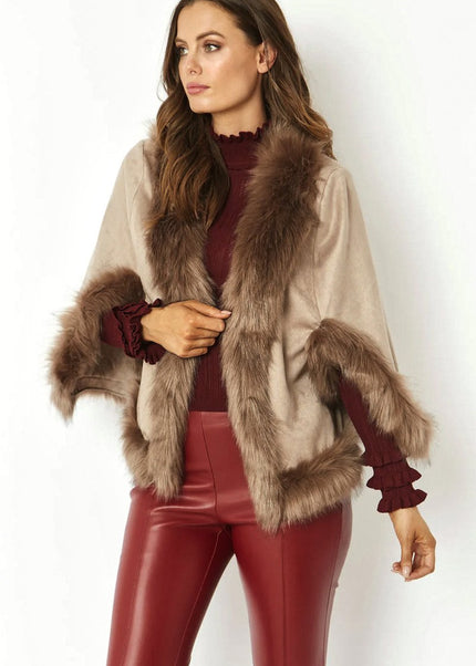 Mocha Faux Fur Suede Cape Jacket - Jackets & Blazers - Buy Me Fur Ltd