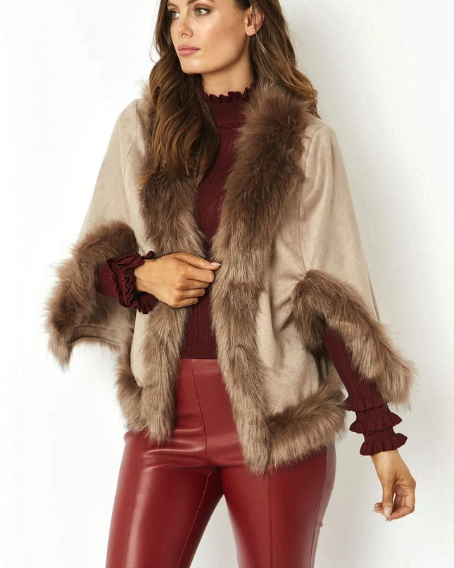 Mocha Faux Fur Suede Cape Jacket - Jackets & Blazers - Buy Me Fur Ltd