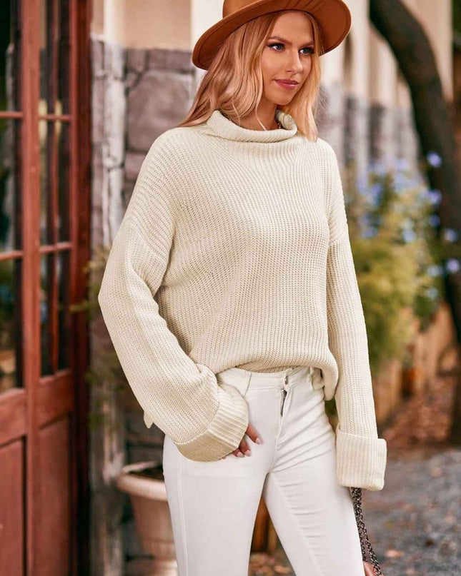 Mock Neck Drop Shoulder Sweater - Trendsi