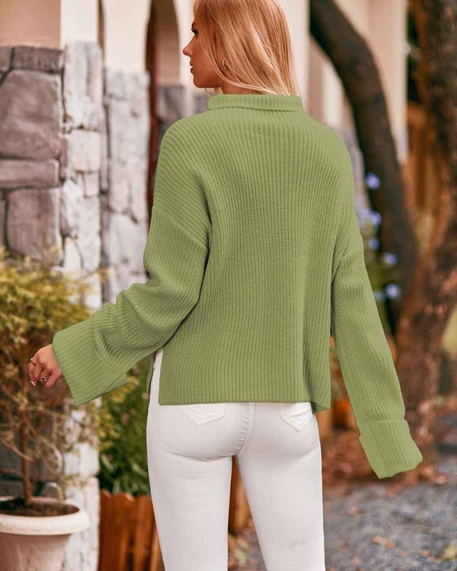 Mock Neck Drop Shoulder Sweater - Trendsi