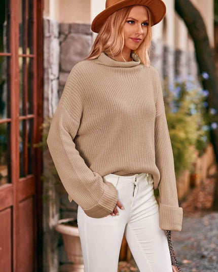Mock Neck Drop Shoulder Sweater - Trendsi