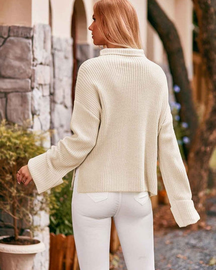 Mock Neck Drop Shoulder Sweater - Trendsi