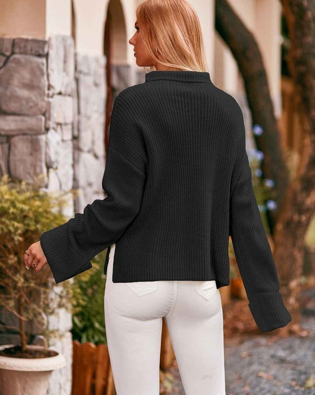 Mock Neck Drop Shoulder Sweater - Trendsi