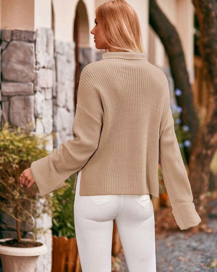 Mock Neck Drop Shoulder Sweater - Trendsi