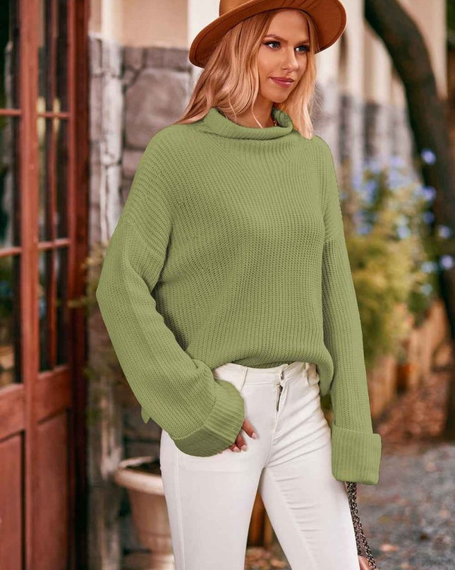Mock Neck Drop Shoulder Sweater - Trendsi