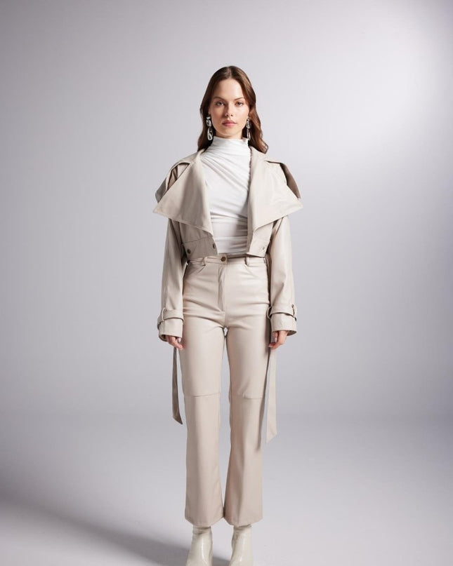 Neeko Beige Faux Leather Cropped Jacket - Jackets & Blazers - Buy Me Fur Ltd