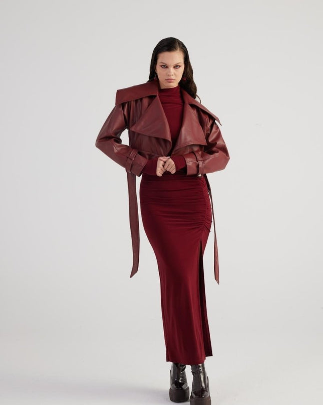 Neeko Burgundy Faux Leather Cropped Jacket - Chic Fall Outerwear - Jackets & Blazers - Buy Me Fur Ltd