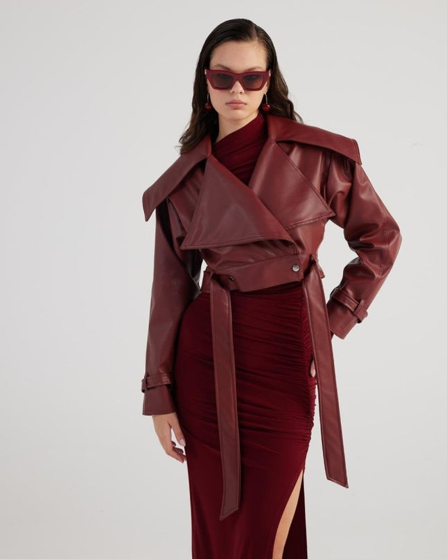 Neeko Burgundy Faux Leather Cropped Jacket - Chic Fall Outerwear - Jackets & Blazers - Buy Me Fur Ltd
