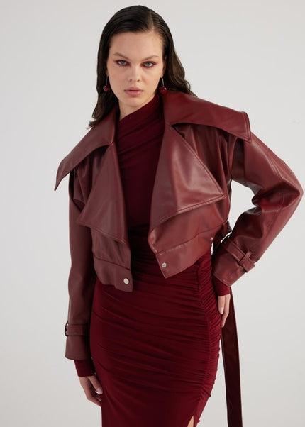 Neeko Burgundy Faux Leather Cropped Jacket - Chic Fall Outerwear - Jackets & Blazers - Buy Me Fur Ltd
