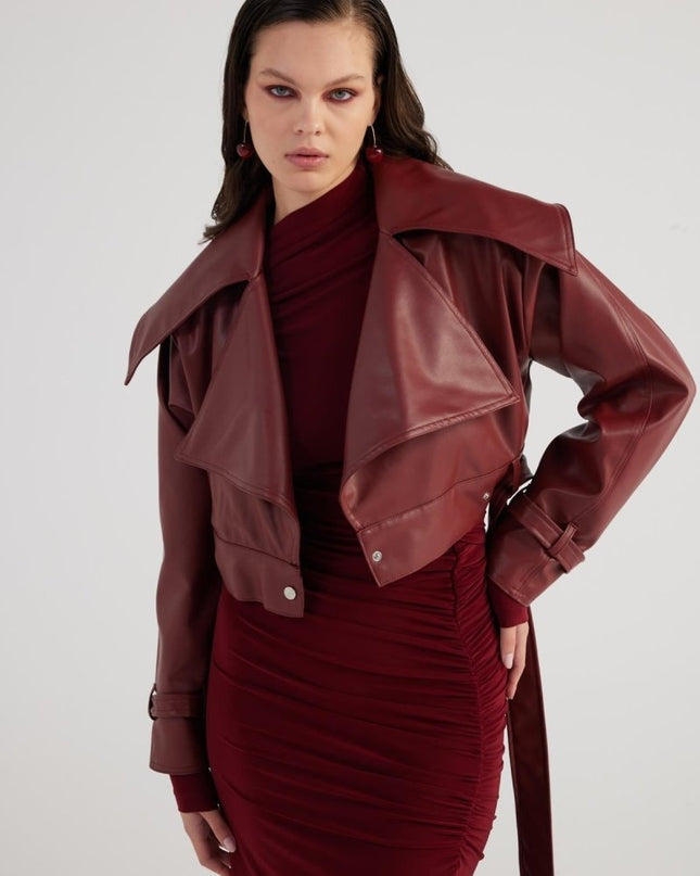 Neeko Burgundy Faux Leather Cropped Jacket - Chic Fall Outerwear - Jackets & Blazers - Buy Me Fur Ltd