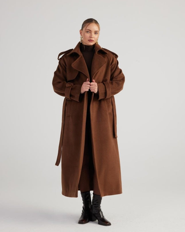 Nora Brown Cashmere Blend Maxi Coat – Elegant Winter Outerwear - Trench Coats - Buy Me Fur Ltd