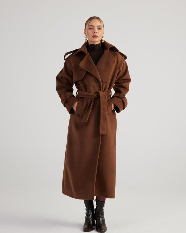 Nora Brown Cashmere Blend Maxi Coat – Elegant Winter Outerwear - Trench Coats - Buy Me Fur Ltd