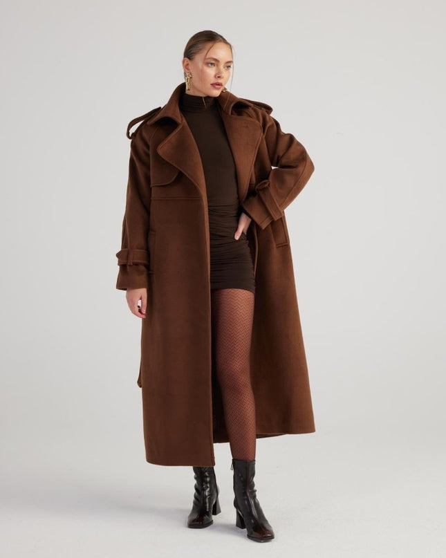 Nora Brown Cashmere Blend Maxi Coat – Elegant Winter Outerwear - Trench Coats - Buy Me Fur Ltd