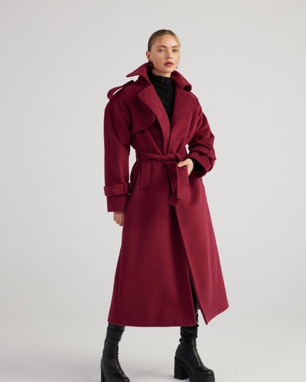 Nora Burgundy Cashmere Blend Maxi Coat – Elegant Winter Outerwear - Trench Coats - Buy Me Fur Ltd