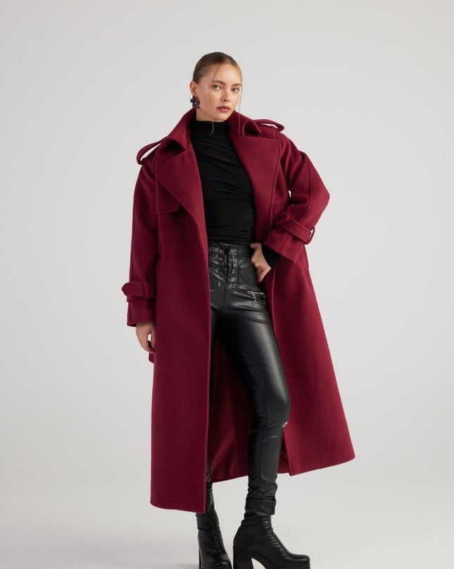 Nora Burgundy Cashmere Blend Maxi Coat – Elegant Winter Outerwear - Trench Coats - Buy Me Fur Ltd